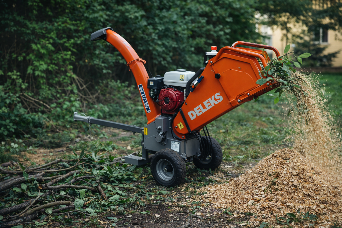 Deleks DK-800 ágdaráló munka közben – ágdaráló bérlés Budapest és Pest megye
